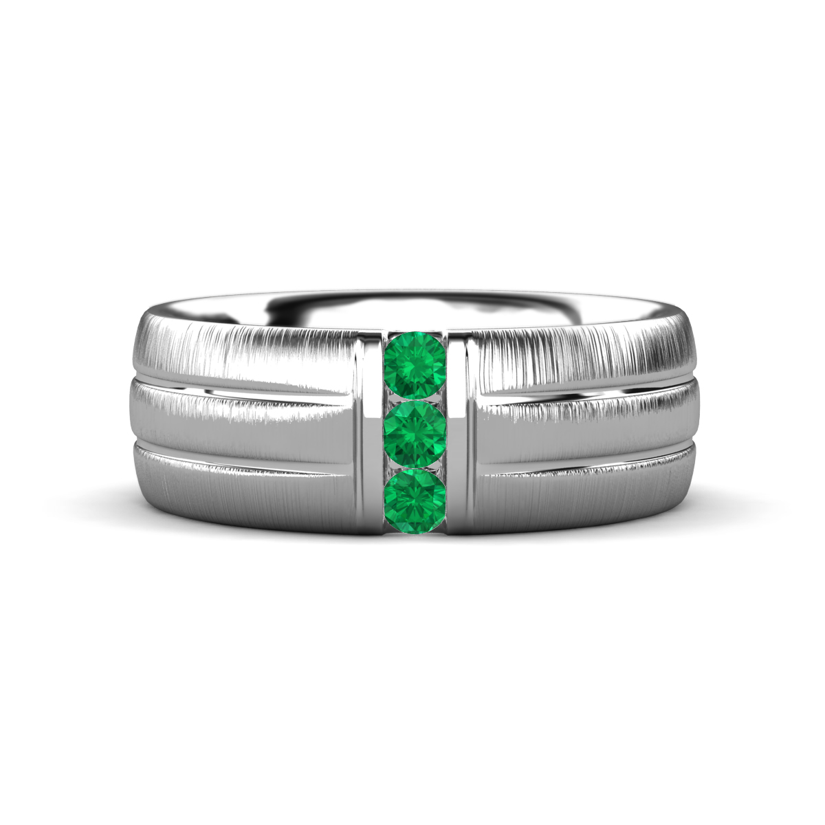LeBron Round Emerald with Brushed and Polished Finish Three Stone Men's Wedding Band (8 mm) 